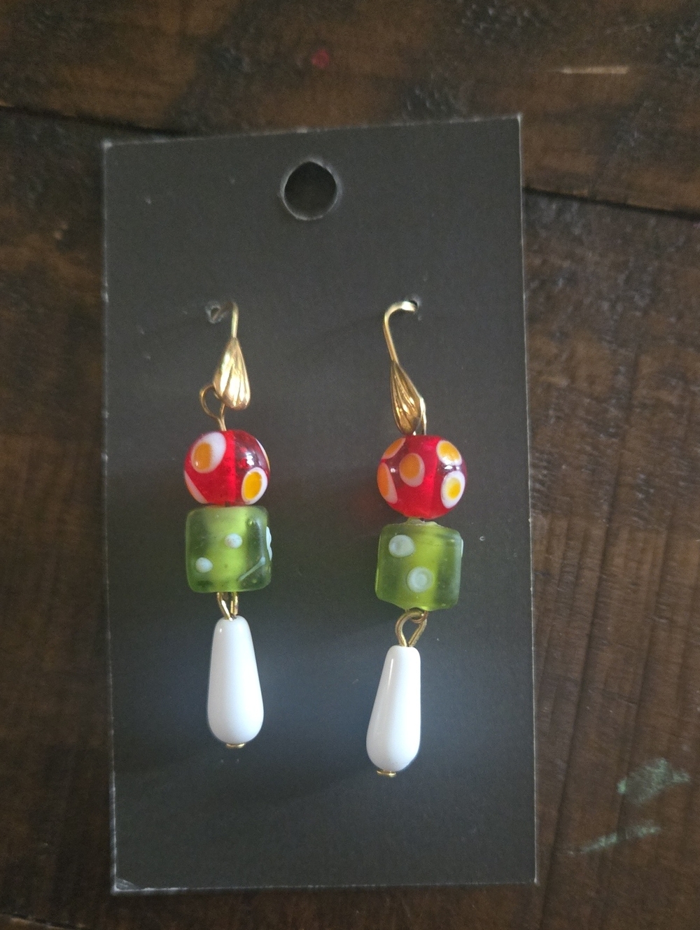 Handmade Colorful Glass Bead Drop Earrings - Red, Green & White